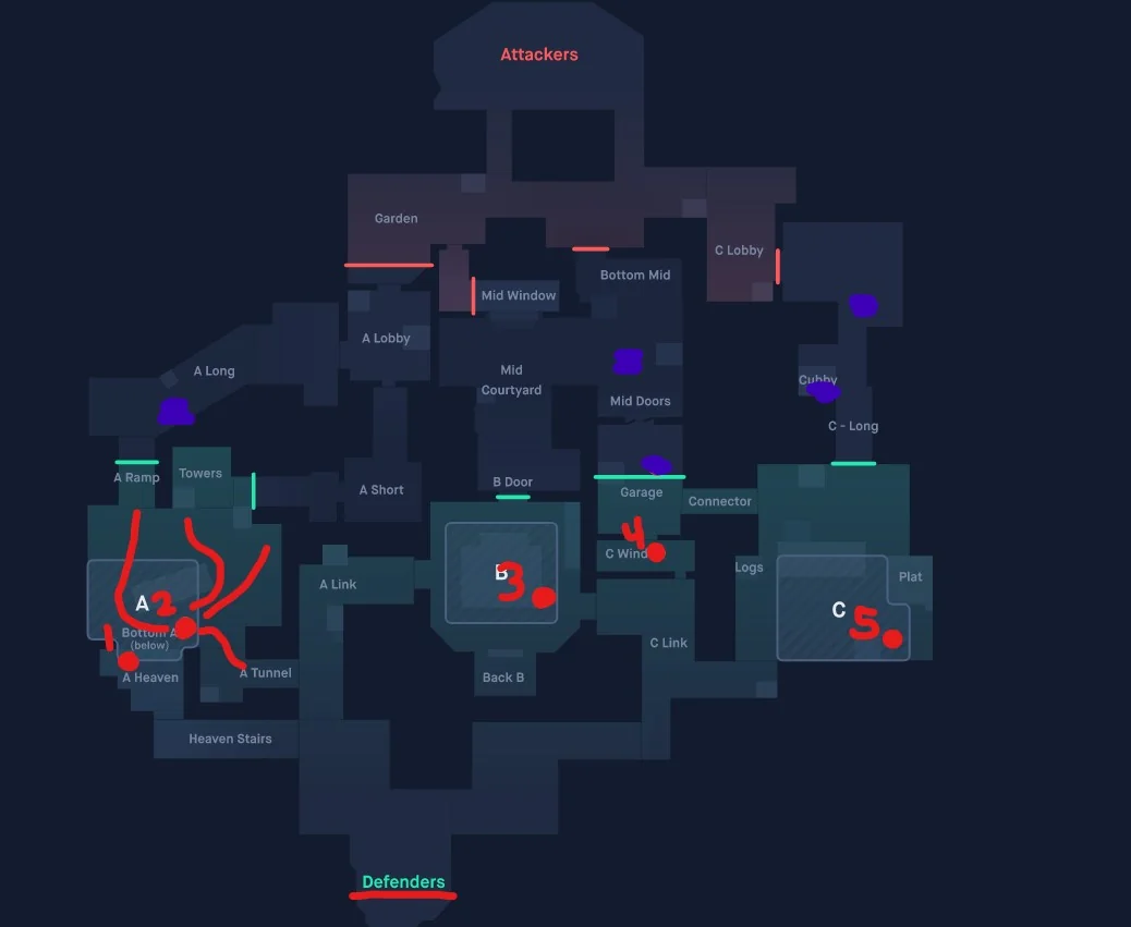 Defensive setup showing traps and crossfire positioning on a bombsite