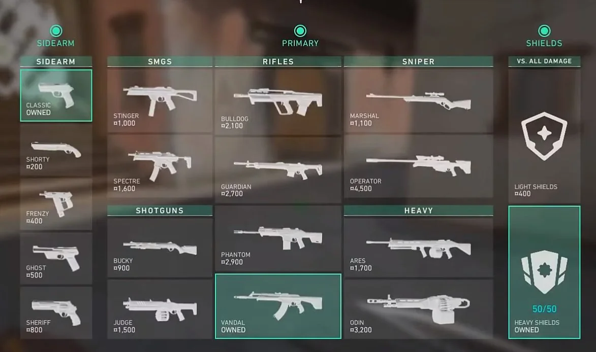 In-game buy menu showing weapon costs, shields, and team credit balance